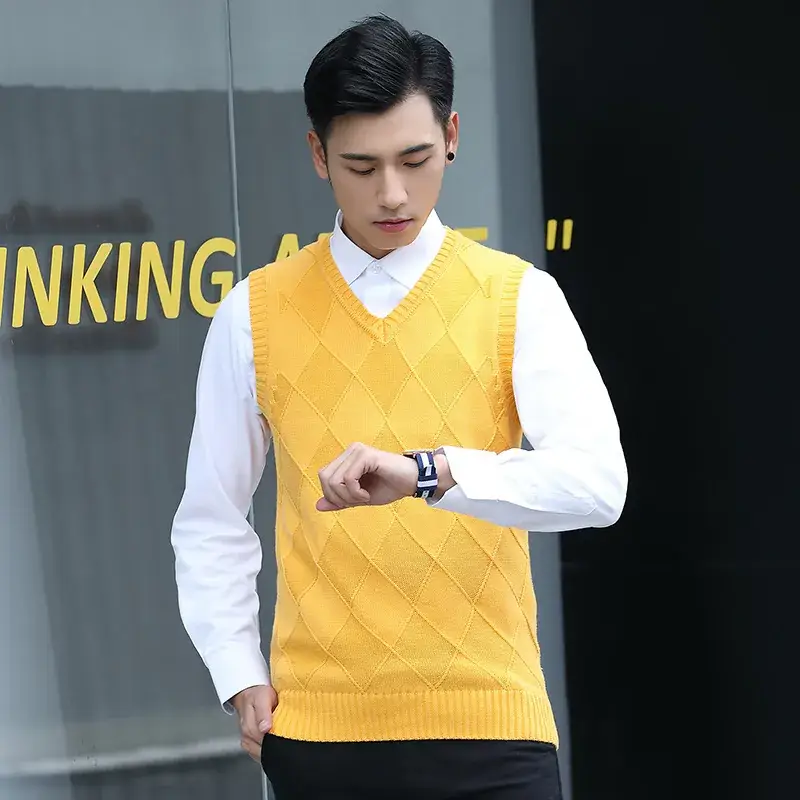 Men's Yellow Diamond Jacquard V-Neck Vest Slim Fit - Image 7