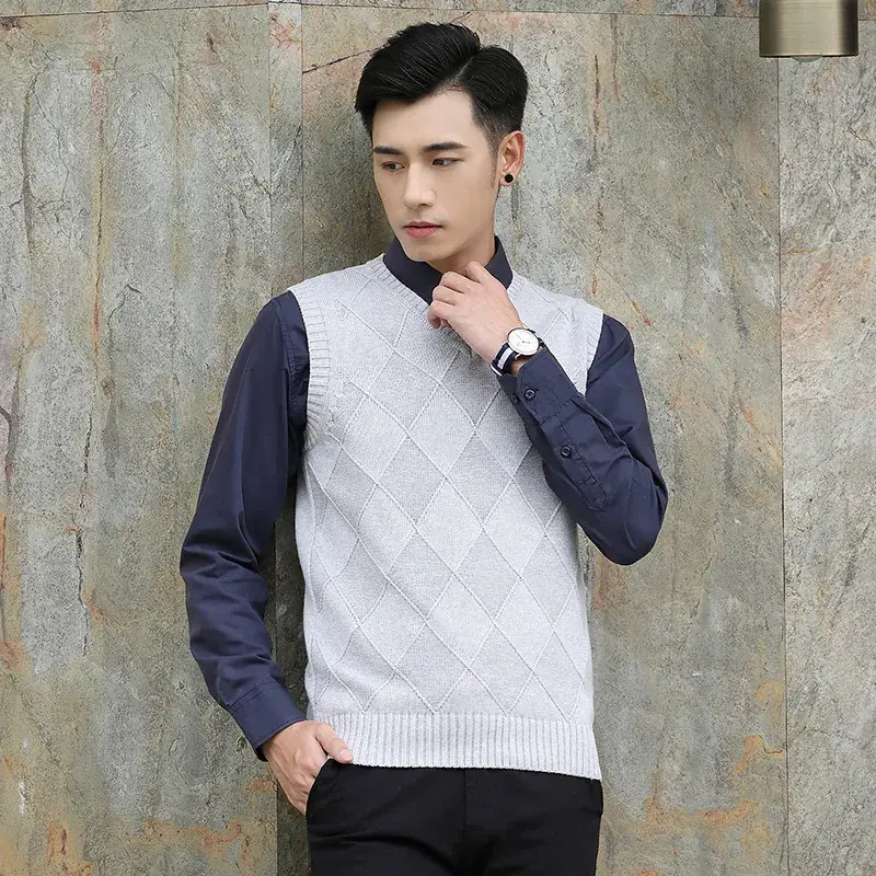 Men's Yellow Diamond Jacquard V-Neck Vest Slim Fit - Image 8