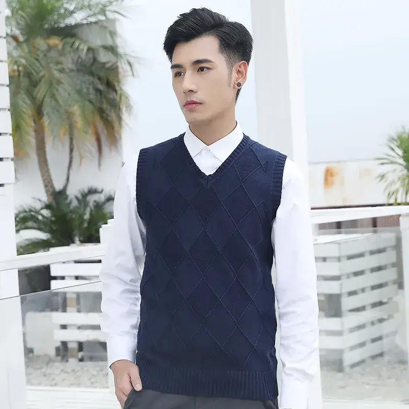 Men's Yellow Diamond Jacquard V-Neck Vest Slim Fit - Image 2