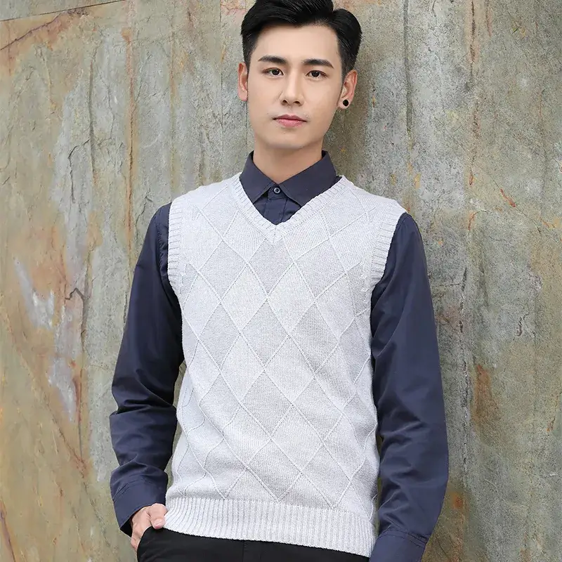 Men's Yellow Diamond Jacquard V-Neck Vest Slim Fit - Image 3