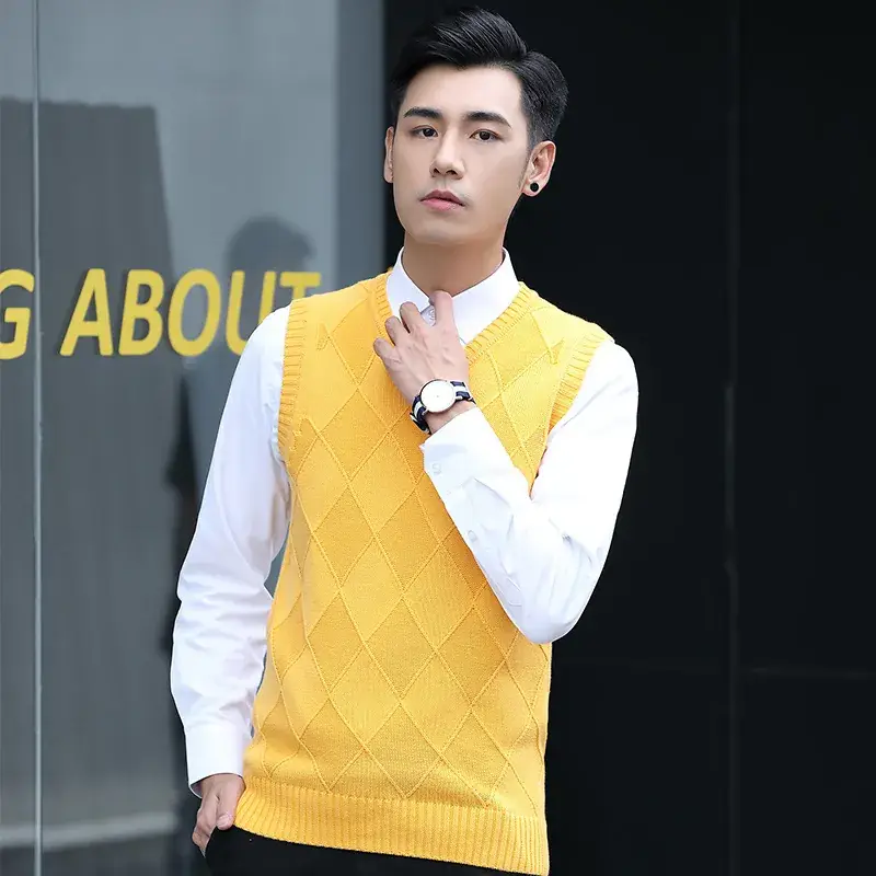 Men's Yellow Diamond Jacquard V-Neck Vest Slim Fit - Image 4