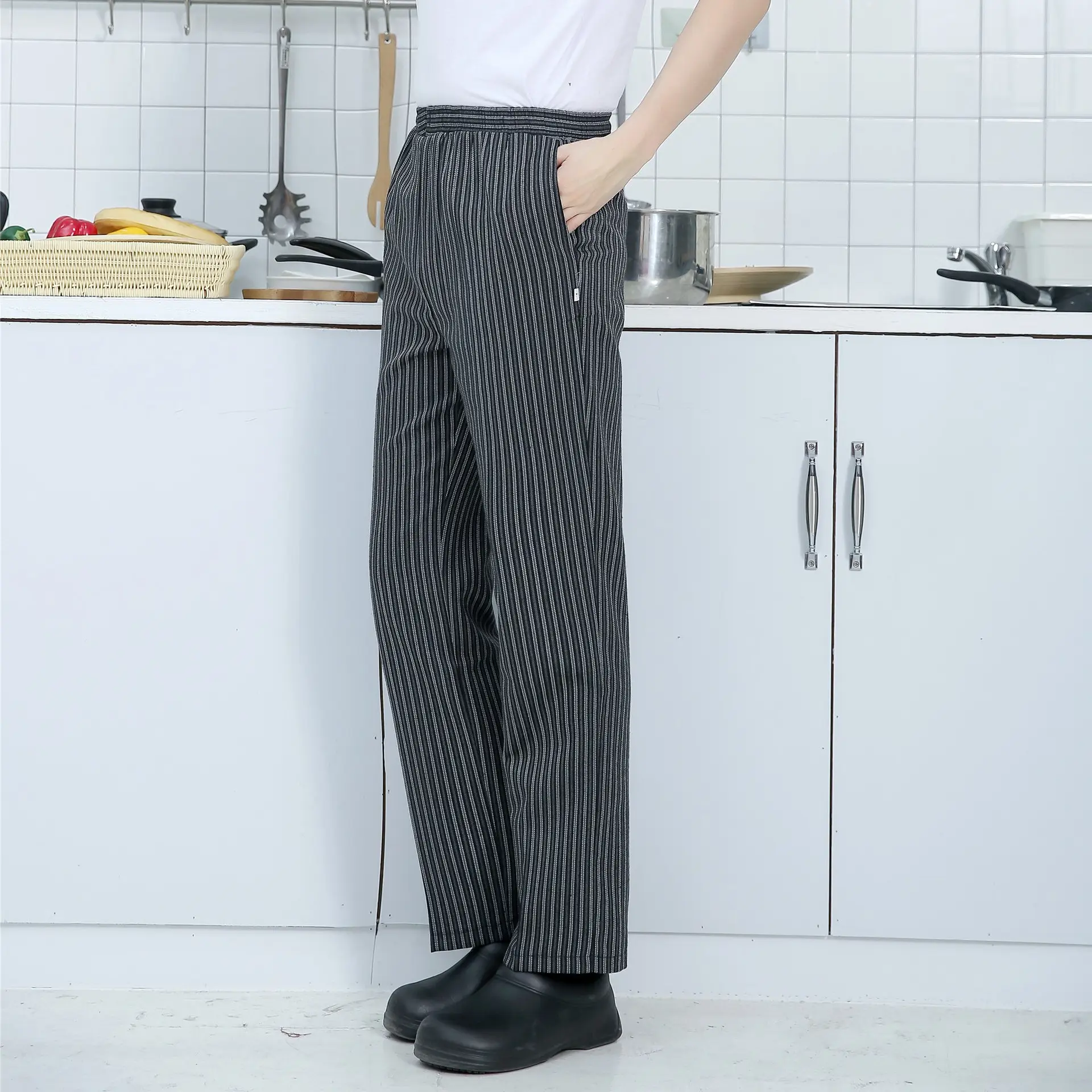 Men Women Elastic Waist Pants Loose Fit White Striped