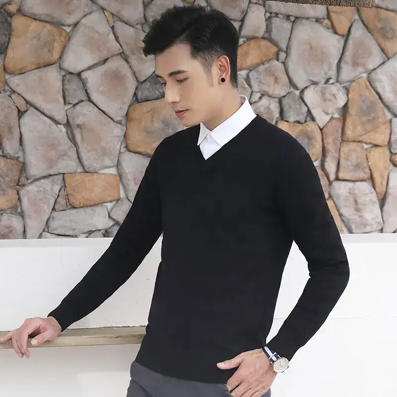 Men V-Neck Black Long Sleeve Sweater - Image 4