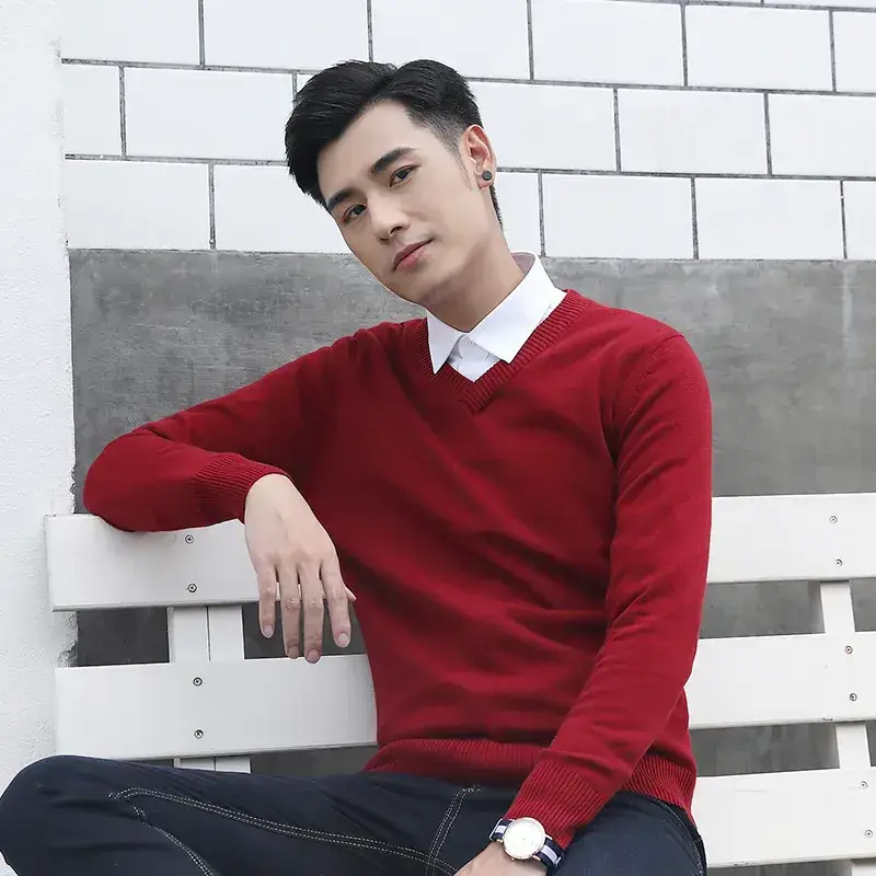 Men V-Neck Black Long Sleeve Sweater - Image 5