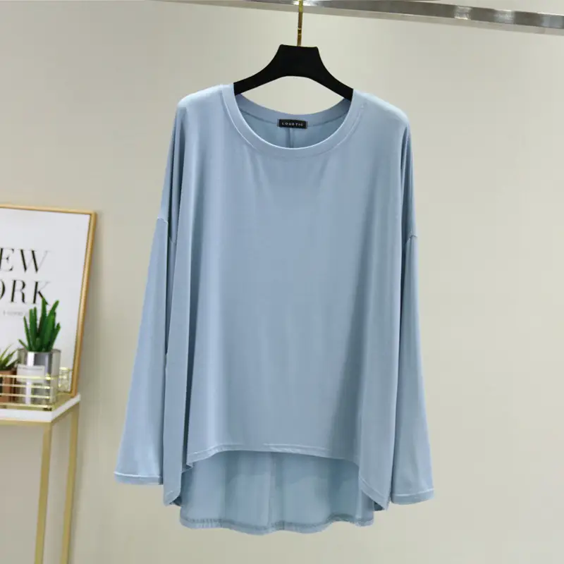Women Loose Long Sleeve Light Blue T-Shirt — feature 18