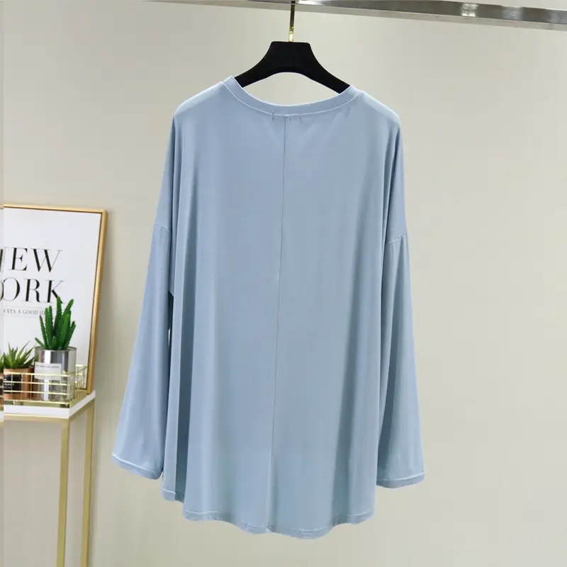 Women Loose Long Sleeve Light Blue T-Shirt — feature 19