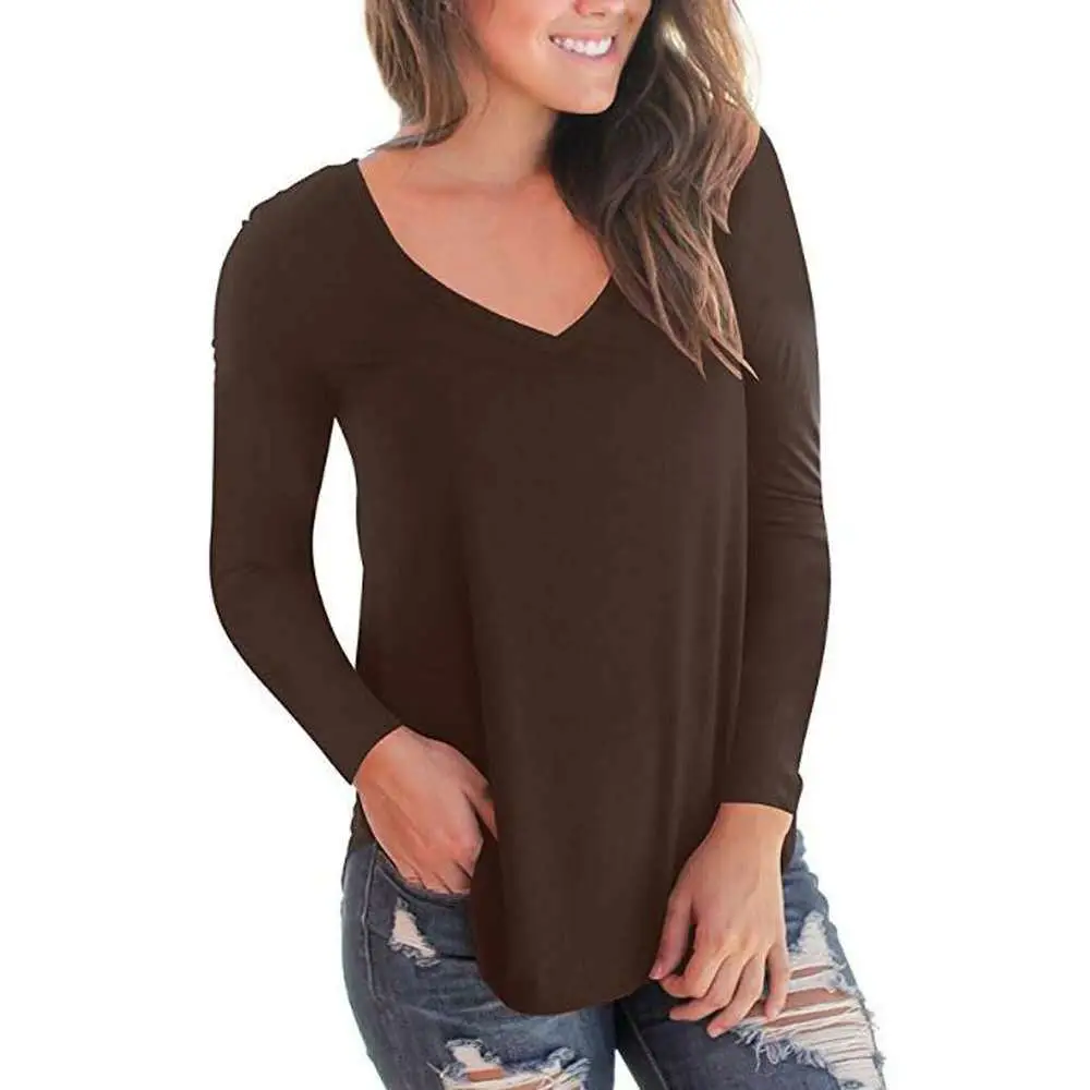 2019 V Neck Long Sleeve Women's T-Shirt Brown - Image 11