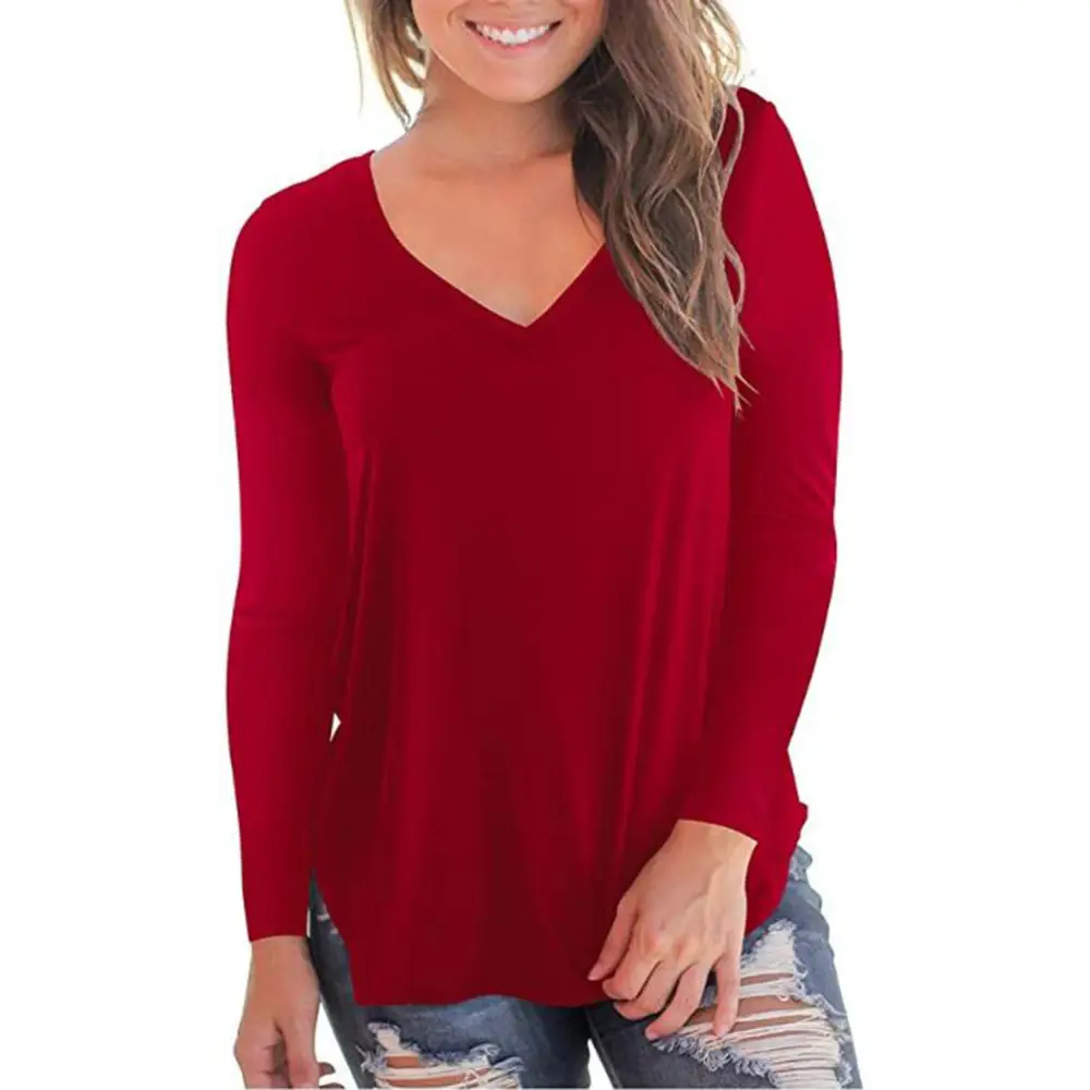 2019 V Neck Long Sleeve Women's T-Shirt Brown - Image 4