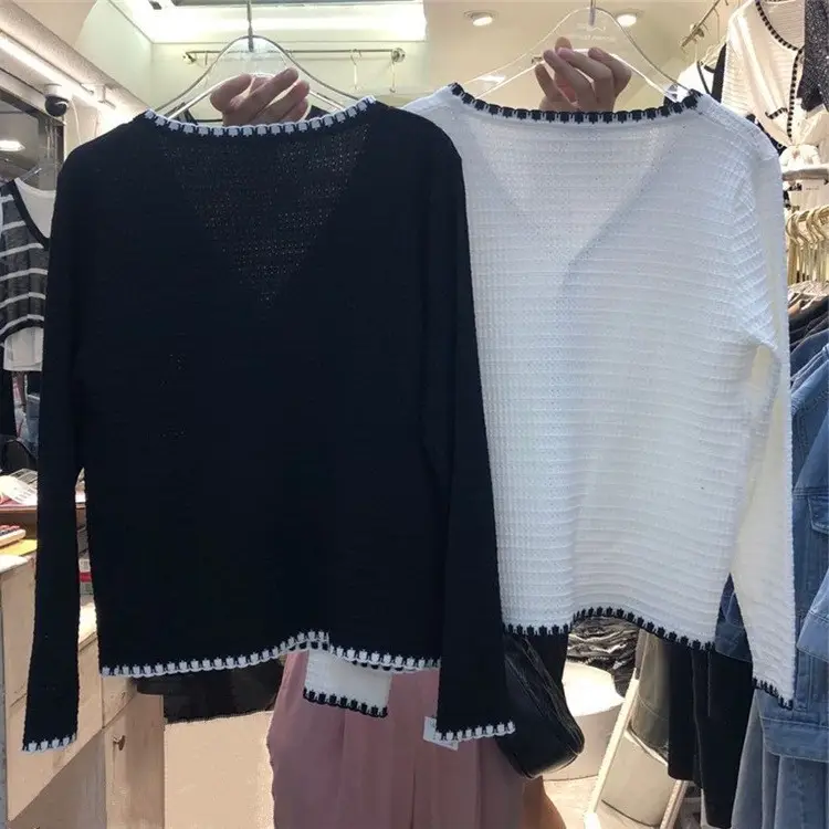 Women's White Ice Silk Knitted V-Neck Cardigan Top - Image 4