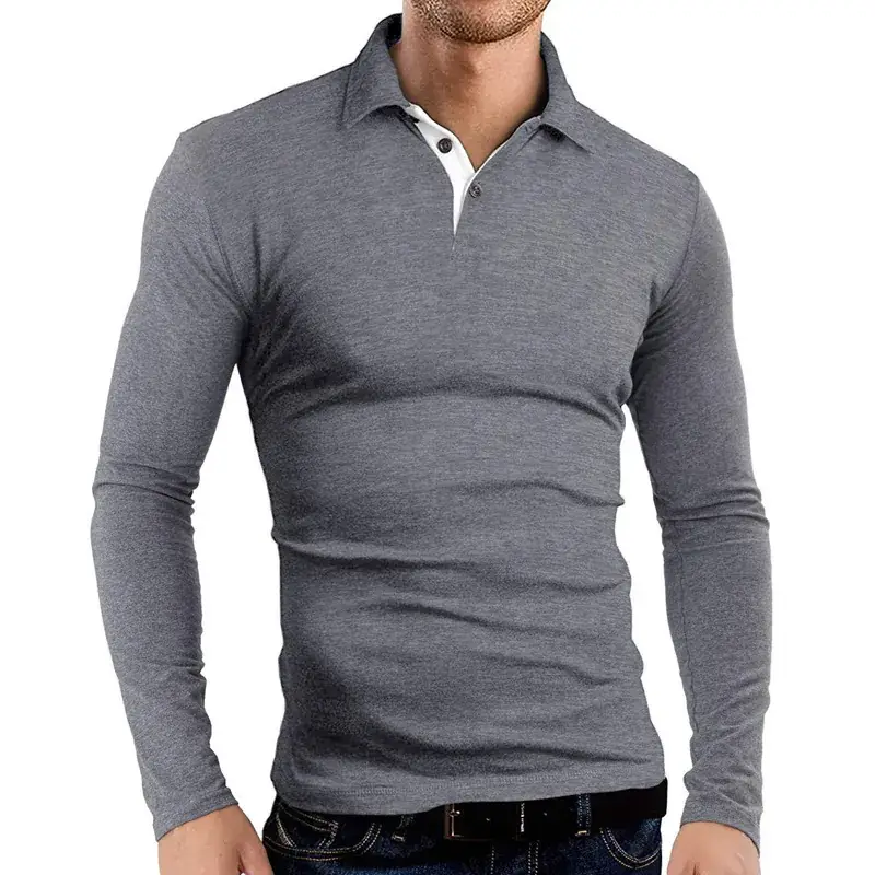 Men's Grey Long Sleeve Polo Shirt with Collar - Image 8