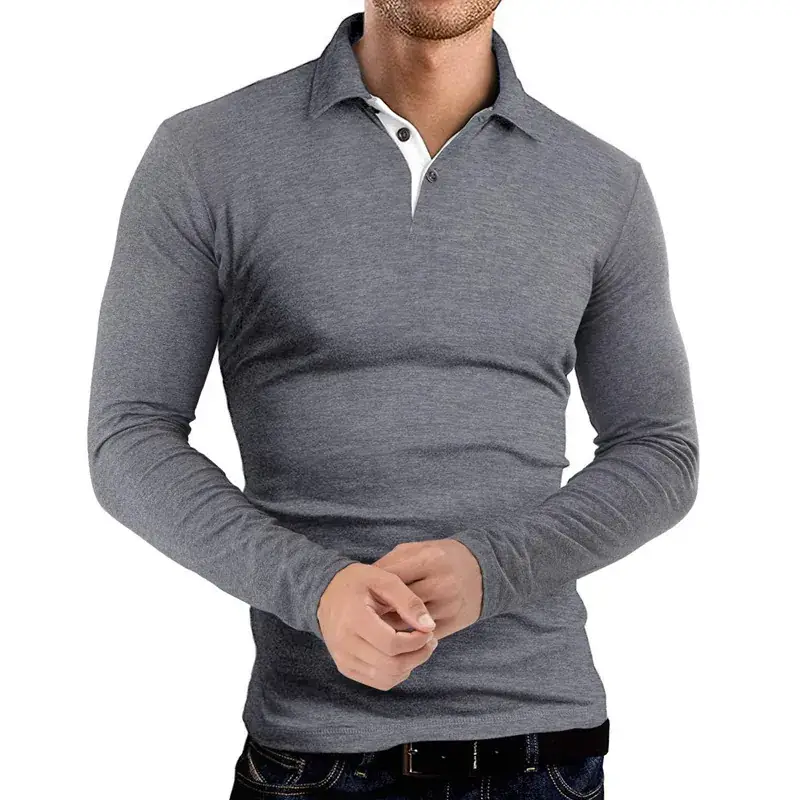 Men's Grey Long Sleeve Polo Shirt with Collar - Image 9