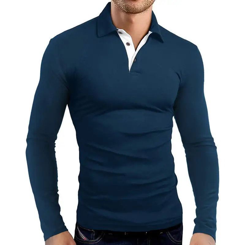Men's Grey Long Sleeve Polo Shirt with Collar — feature 10