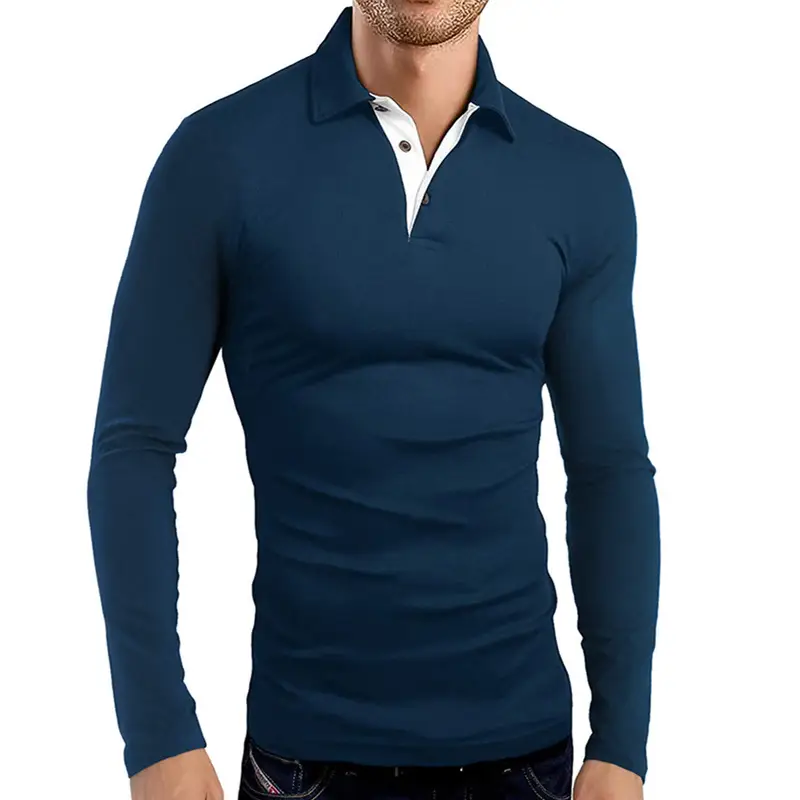 Men's Grey Long Sleeve Polo Shirt with Collar — feature 11