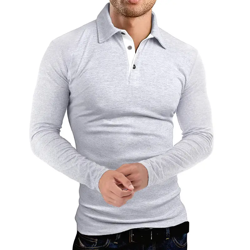Men's Grey Long Sleeve Polo Shirt with Collar — feature 12