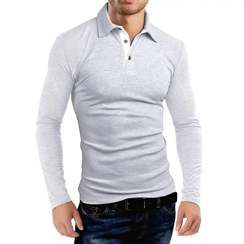Men's Grey Long Sleeve Polo Shirt with Collar — feature 14