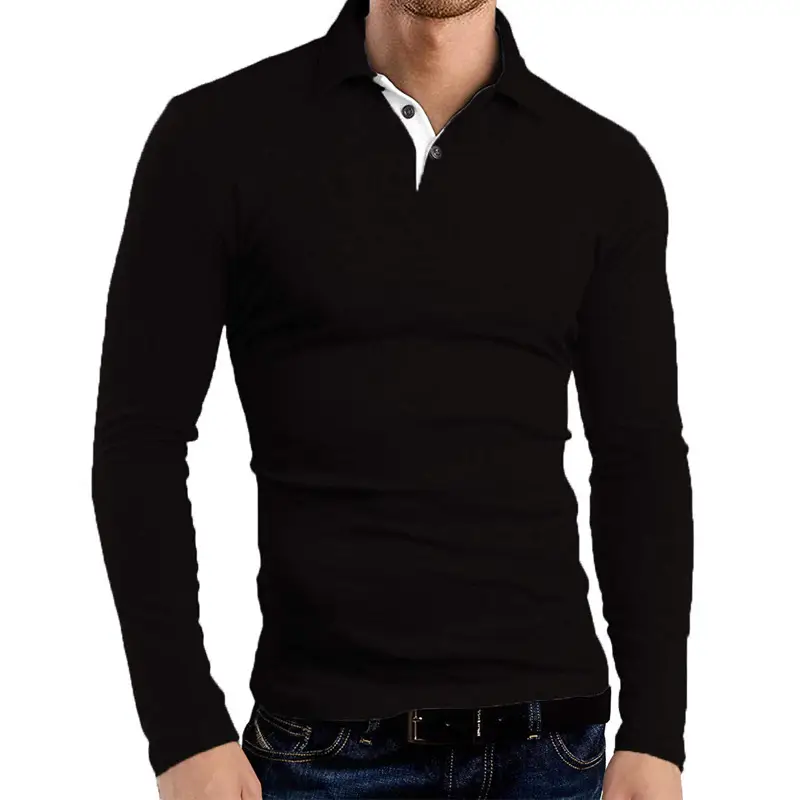 Men's Grey Long Sleeve Polo Shirt with Collar — feature 6