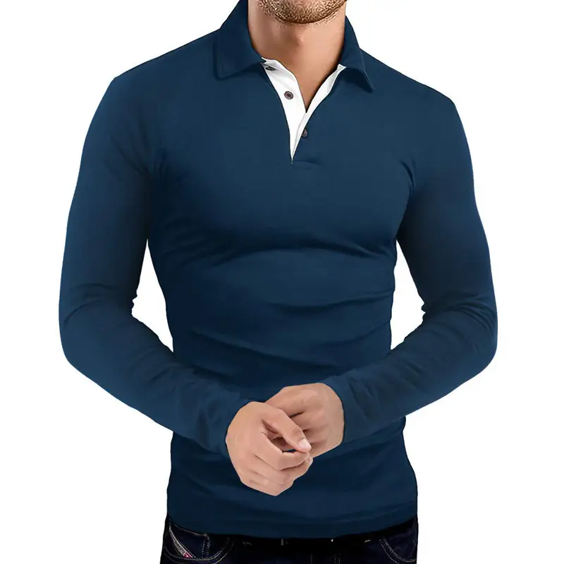 Men's Grey Long Sleeve Polo Shirt with Collar — feature 9