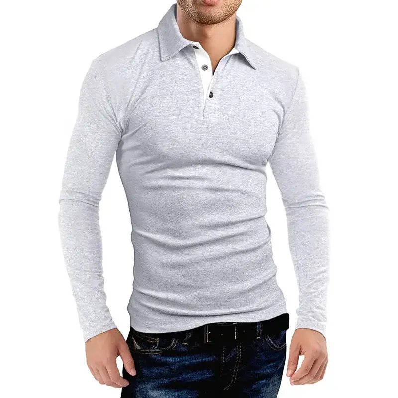 Men's Grey Long Sleeve Polo Shirt with Collar - Image 2
