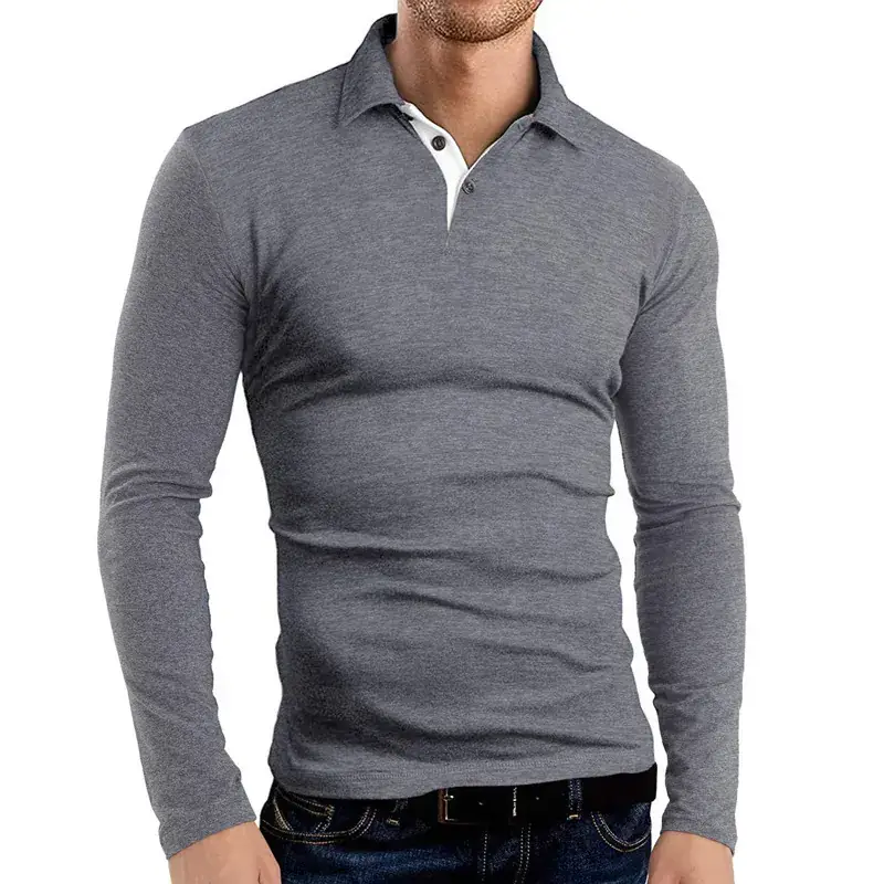 Men's Grey Long Sleeve Polo Shirt with Collar - Image 5