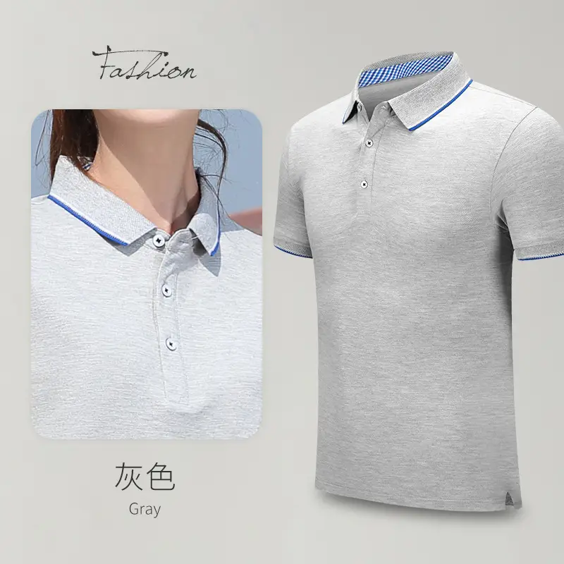 Men Blue Polo Shirt Collar Button Front Grey - Image 3