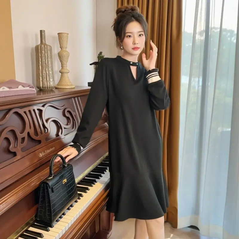 Plus Size Women's Black Long Sleeve Dress with Stripes - Image 3