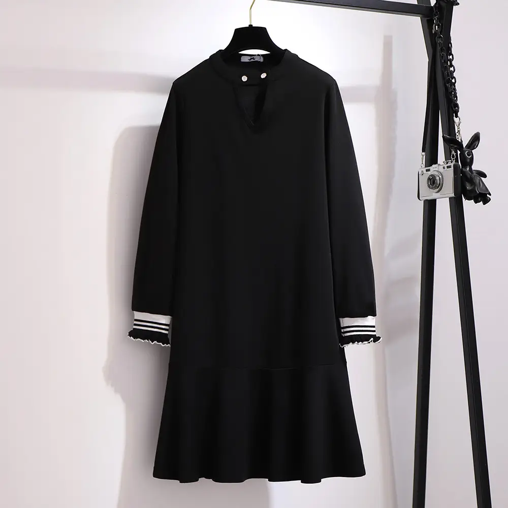 Plus Size Women's Black Long Sleeve Dress with Stripes - Image 4