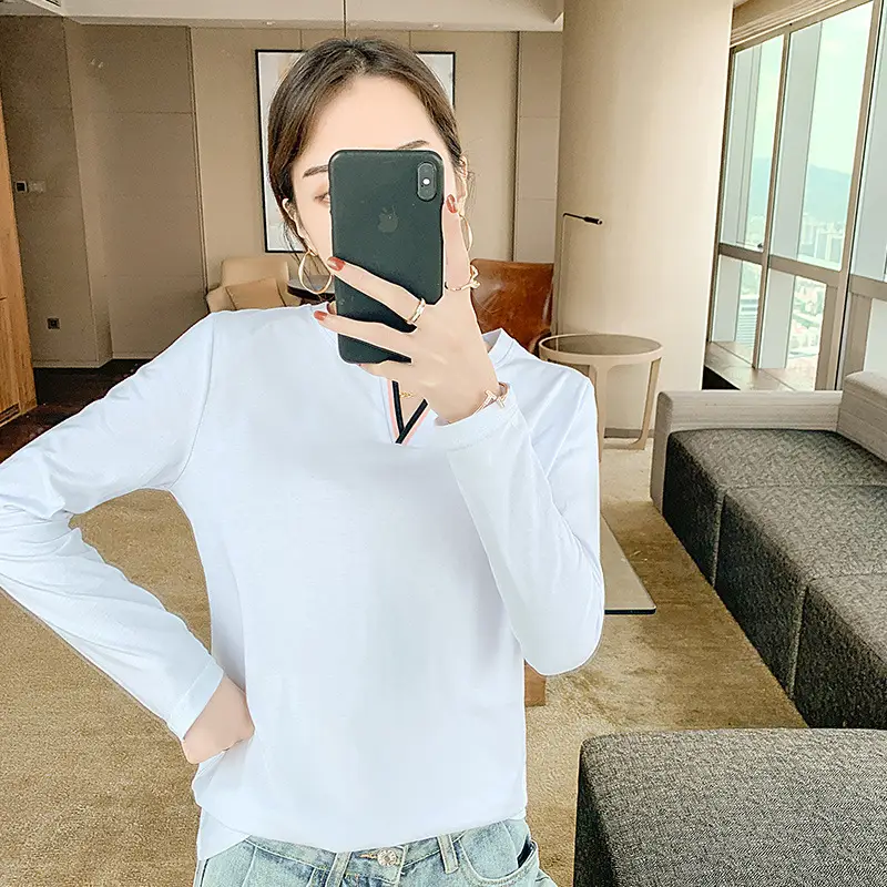 Pure Cotton V-Neck Long Sleeve T-Shirt Women Light Blue - Image 6