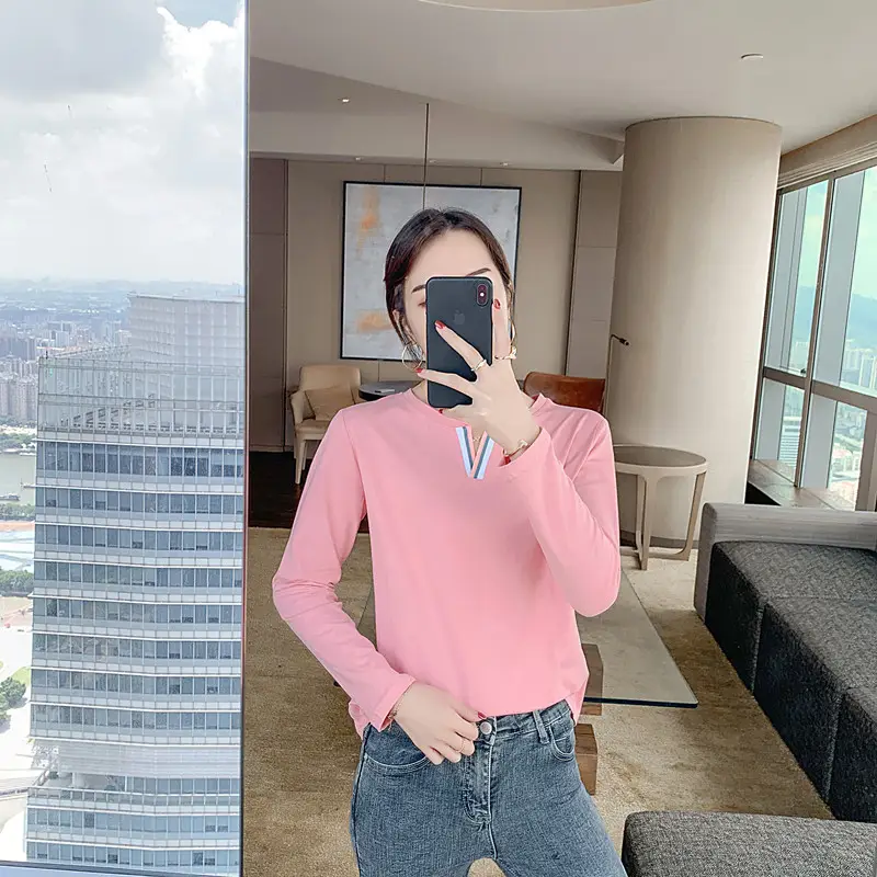 Pure Cotton V-Neck Long Sleeve T-Shirt Women Light Blue - Image 7