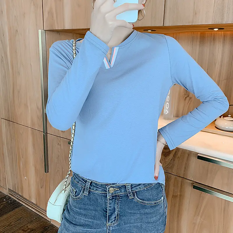 Pure Cotton V-Neck Long Sleeve T-Shirt Women Light Blue - Image 8