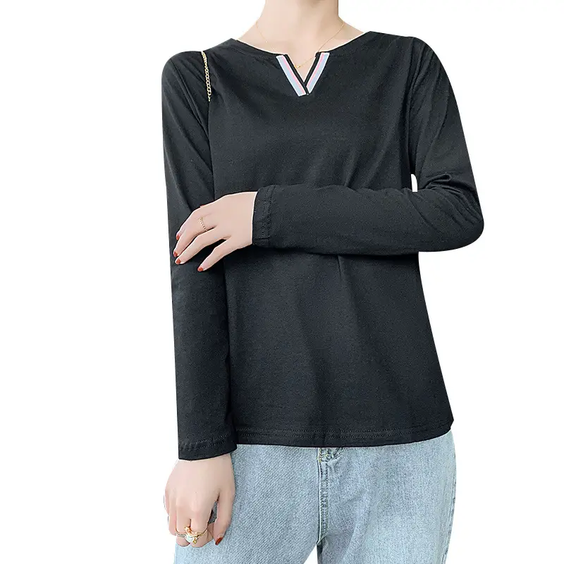 Pure Cotton V-Neck Long Sleeve T-Shirt Women Light Blue - Image 10