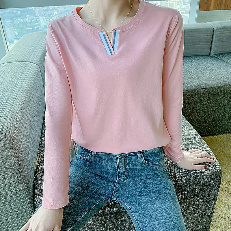Pure Cotton V-Neck Long Sleeve T-Shirt Women Light Blue - Image 3