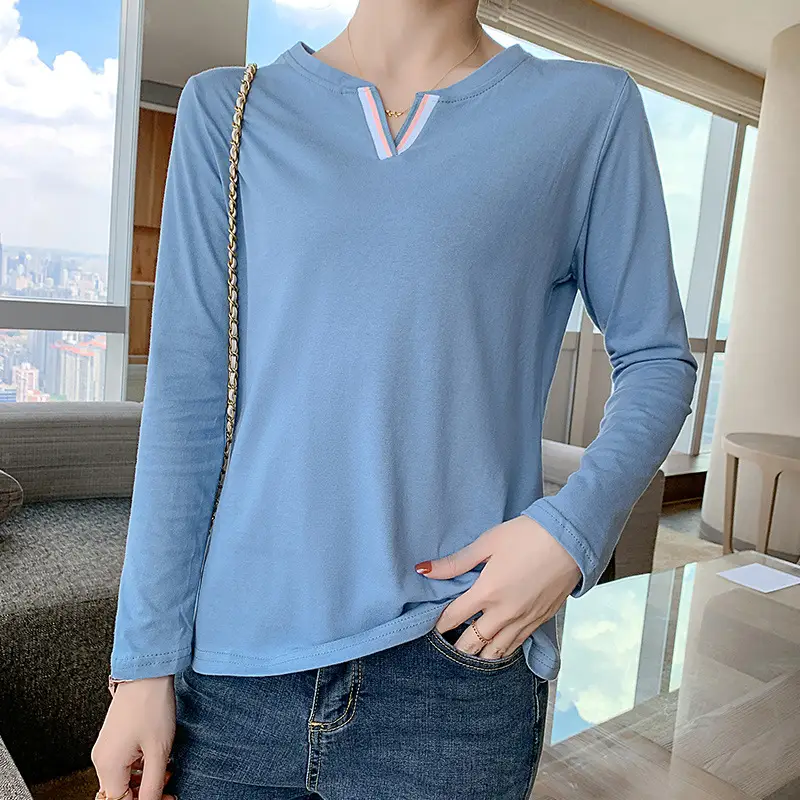 Pure Cotton V-Neck Long Sleeve T-Shirt Women Light Blue - Image 5