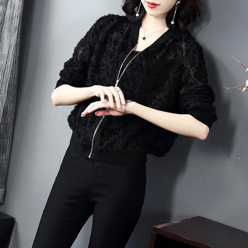 Black Flocked Chiffon Zipper Jacket for Women Spring Fall