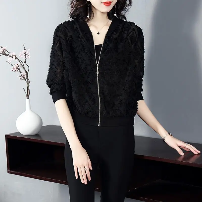 Black Flocked Chiffon Zipper Jacket for Women Spring Fall