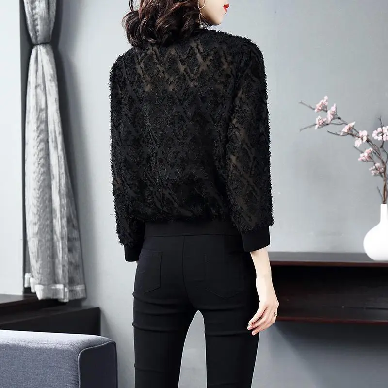 Black Flocked Chiffon Zipper Jacket for Women Spring Fall