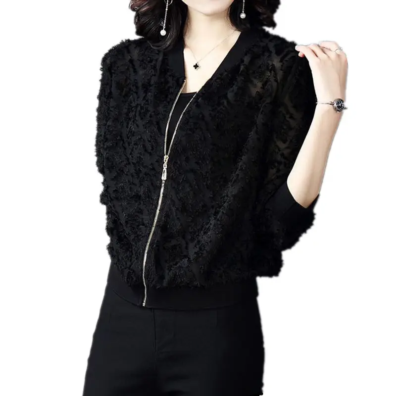 Black Flocked Chiffon Zipper Jacket for Women Spring Fall