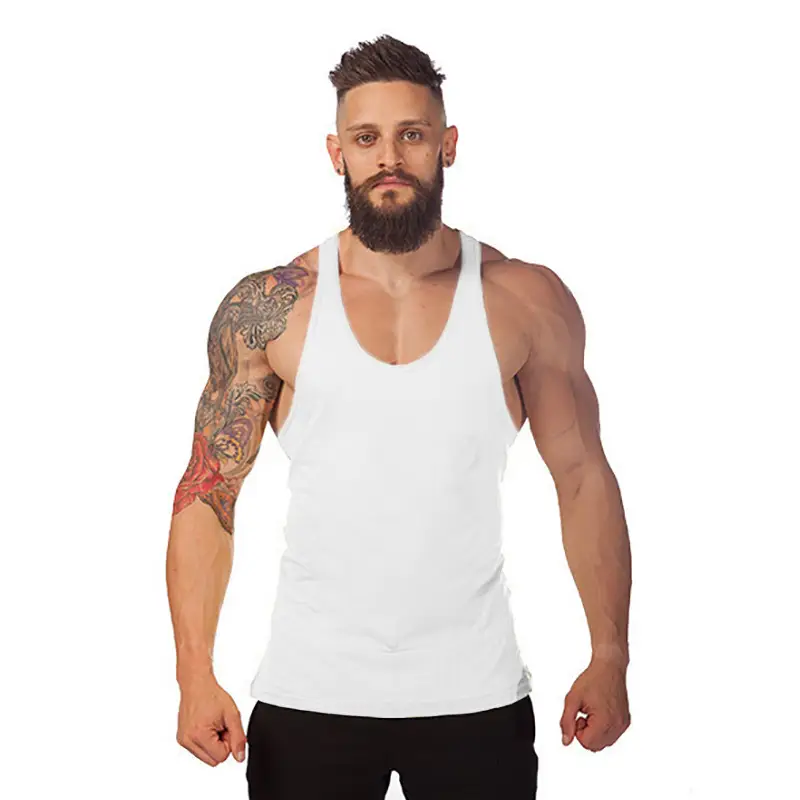 Men's White Sleeveless I-Back Vest Cotton Summer Fitness