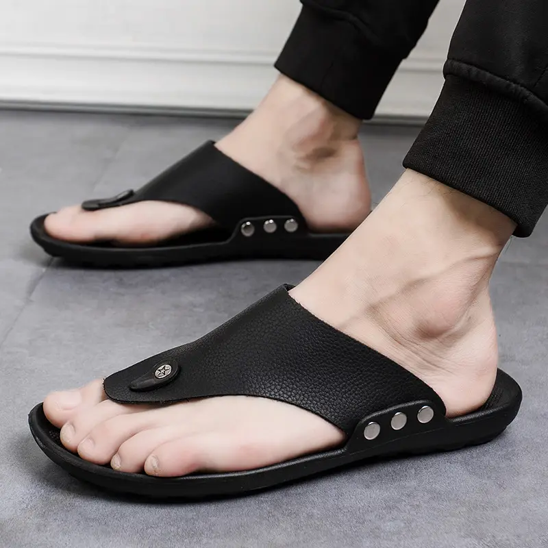 Men's Brown Leather Flip-Flops with Non-Slip Soles