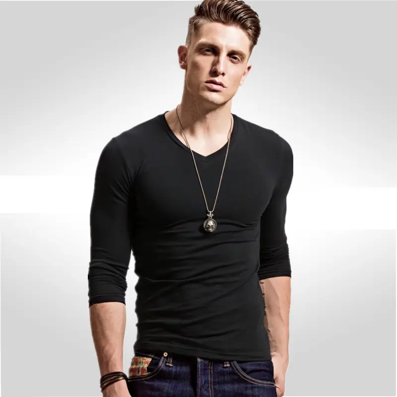 Men's V-Neck Long Sleeve Grey T-Shirt - Image 17