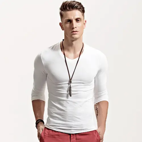 Men's V-Neck Long Sleeve Grey T-Shirt - Image 19