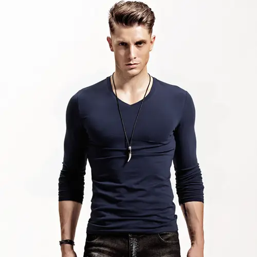 Men's V-Neck Long Sleeve Grey T-Shirt - Image 21
