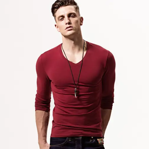 Men's V-Neck Long Sleeve Grey T-Shirt - Image 11