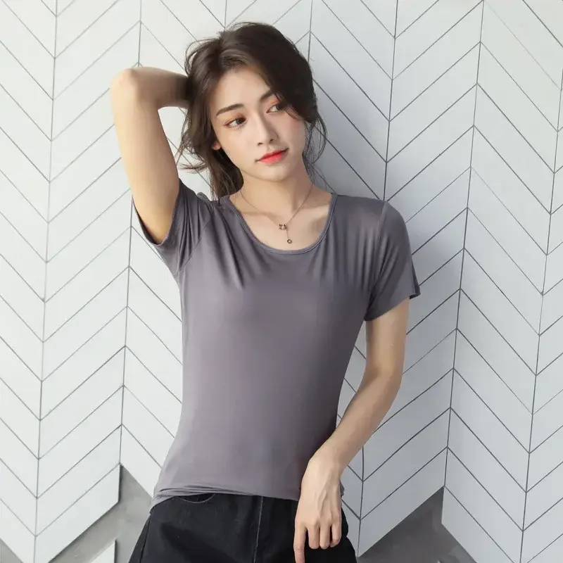 Women 2025 Short Sleeve T-Shirt Grey Modal Cotton Loose Fit