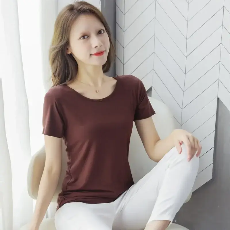 Women 2025 Short Sleeve T-Shirt Grey Modal Cotton Loose Fit