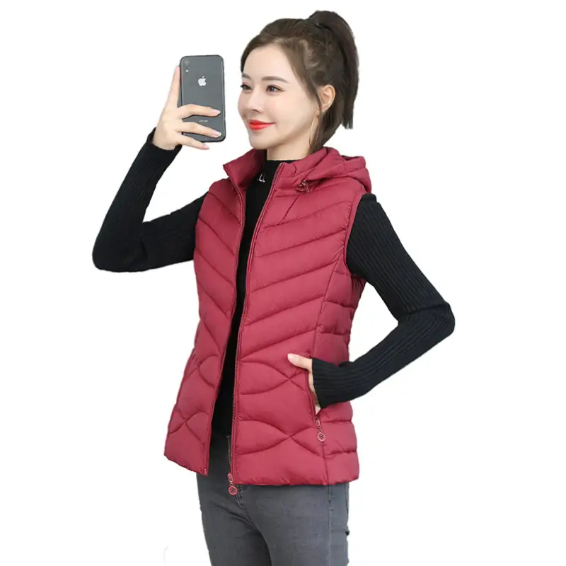 Women's Red Down Vest with Removable Cap - Image 11