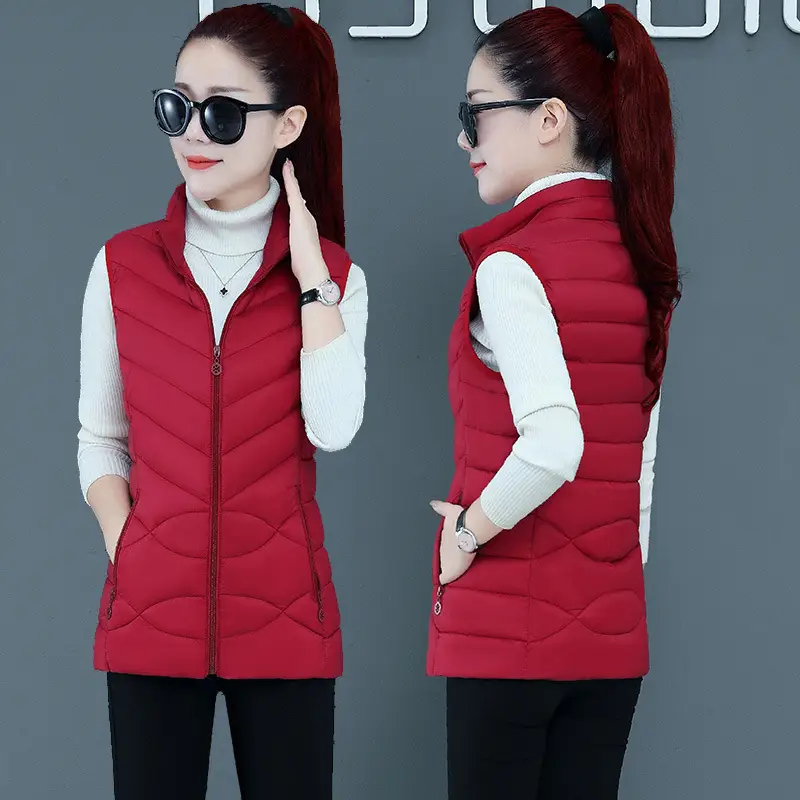 Women's Red Down Vest with Removable Cap - Image 8