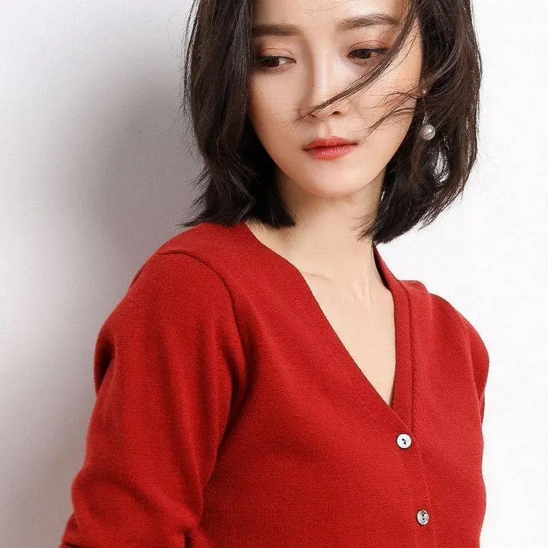 Women's Red Velvet V-Neck Cardigan 2024 Spring Fall - Image 9