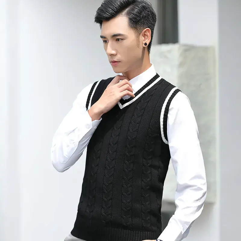 Men's V-Neck Knitted Wool Vest Navy Blue Winter - Image 6