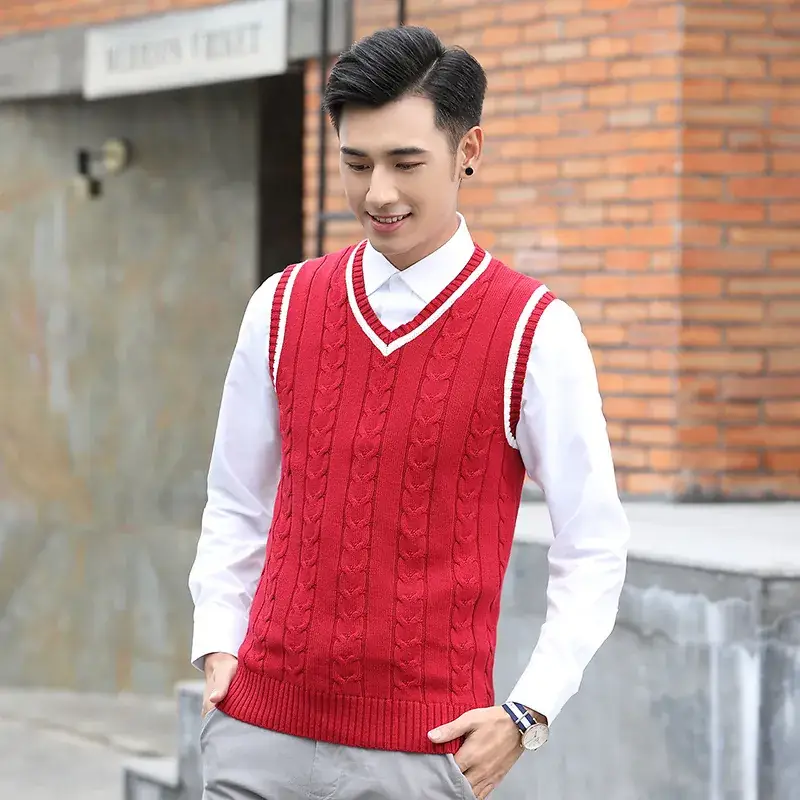 Men's V-Neck Knitted Wool Vest Navy Blue Winter - Image 7