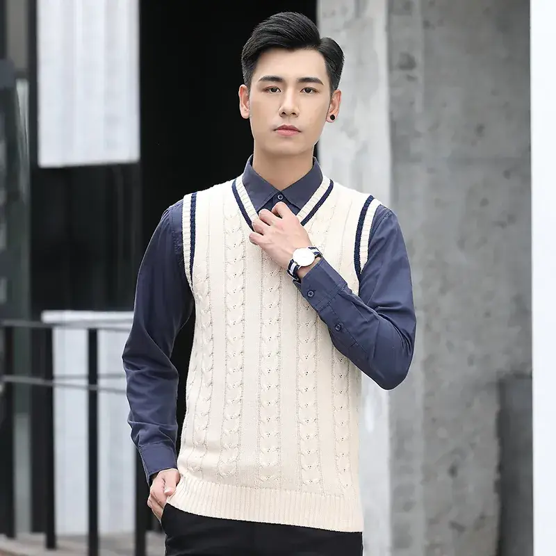 Men's V-Neck Knitted Wool Vest Navy Blue Winter - Image 8